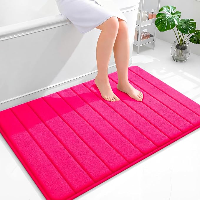 OLANLY Memory Foam Bath Mat 44x32, Super Soft Absorbent Bathroom Rugs, Quick Dry, Machine Washable Shower Floor Rugs, Bathmat Carpet, Bathroom Home Decor Accessories, Hot Pink