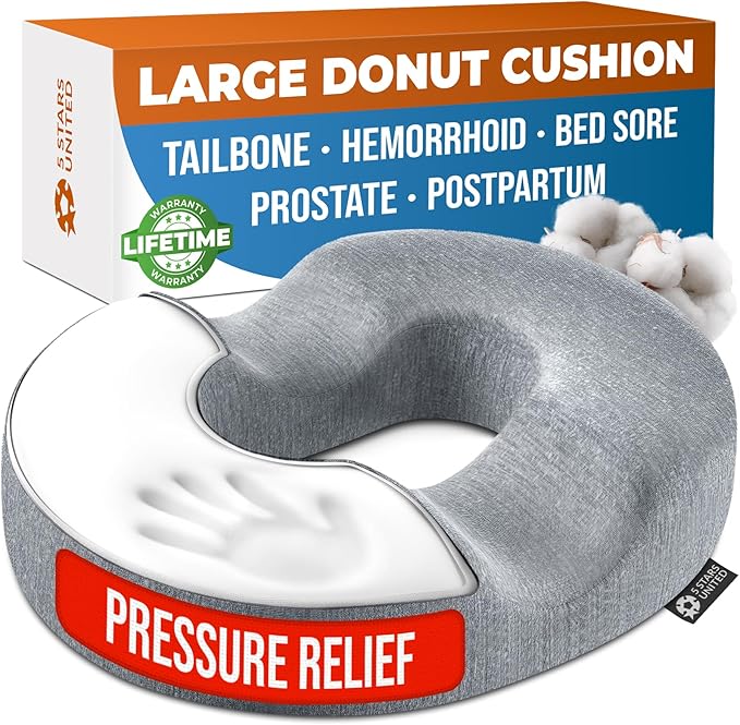 5 STARS UNITED Donut Pillow for Tailbone Pain & Hemorrhoids – Large Memory Foam Seat Cushion for Bed Sore-Prone Areas & Pressure Relief – Prostate, Postpartum & Pregnancy Support, Gray Cotton Cover