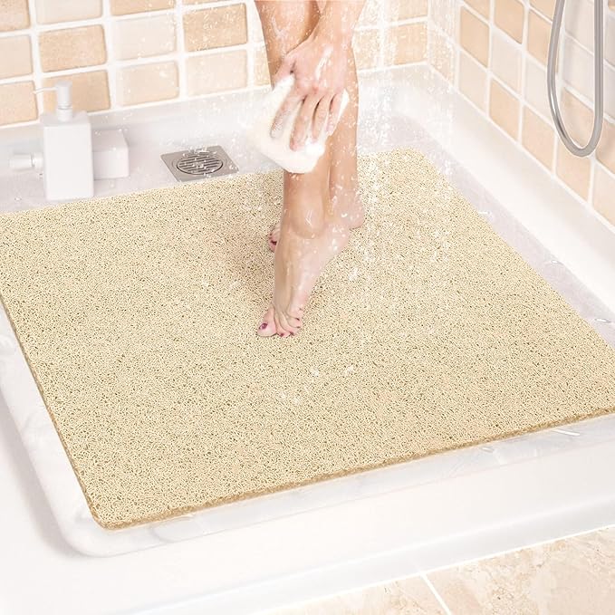 LuxStep Shower Mat Bathtub Mat,24x24 inch, Non-Slip Bath Mat with Drain, Quick Drying PVC Loofah Bathmat for Tub,Shower,Bathroom (Phthalate Free,Khaki)