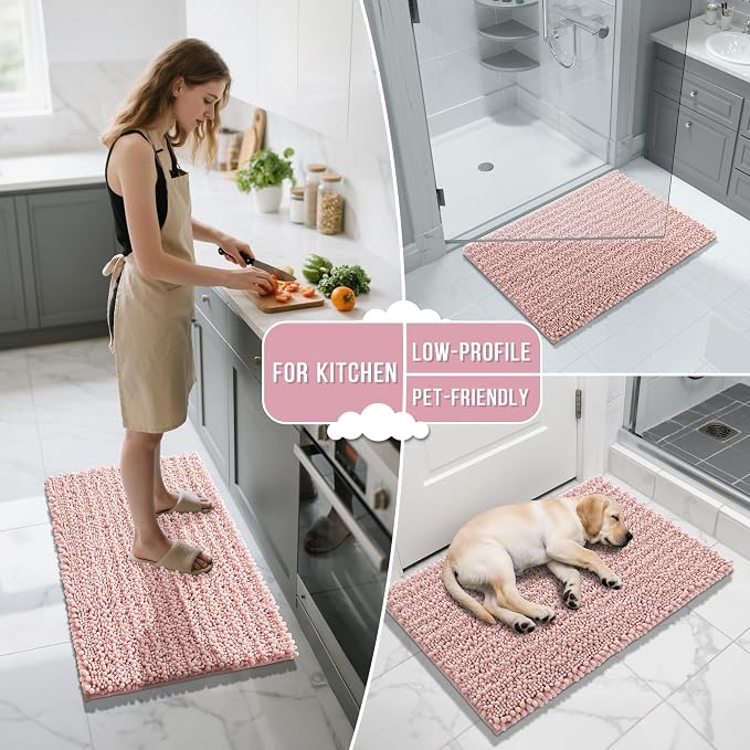 Yimobra Bathroom Rugs Non Slip Washable 32x20 Inch - Ultra Soft Absorbent Chenille Bath Mat, Quick Dry Shaggy Floor Carpet for Tub Shower, Light Pink Home Decor Accessories