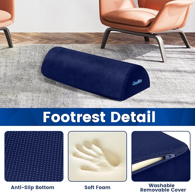 CloudBliss Foot Rest for Under Desk at Work,Office Desk Accessories with Soft Foam and Washable Removable Cover, Foot Stool for Office, Car, Home to Foot Support and Relax Ankles, Blue, Long