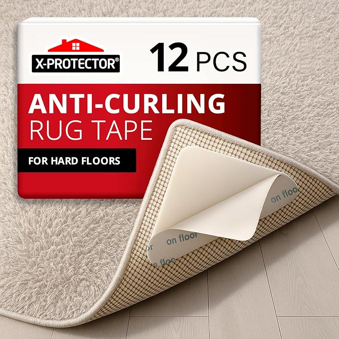 X-Protector Rug Tape - 12 Pcs Set - White Anti-Slip & Anti-Curling Carpet Tape for Hard Floors - Premium Rug Pad Gripper - Carpet Corner Grippers to Keep Your Carpet in Place & Make Corners Flat