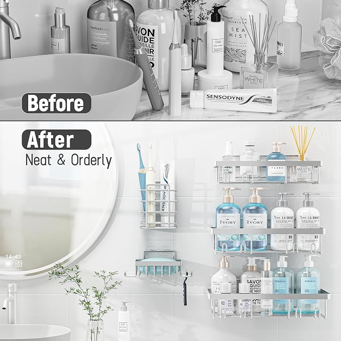 Liuoud 10 Pack Shower Caddy Organizer Rack Shelf for Inside Shower, Self Adhesive Wall Storage Basket Rustproof Stainless Steel Shampoo Holder Bathroom Accessory Decor Set, Silver