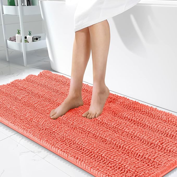 OLANLY Thick Bathroom Runner Rugs 47x24, Extra Absorbent Chenille Striped Bath Rugs, Rubber Backing, Machine Wash Dry, Long Bath Mats for Bathroom Floor, Tub and Shower, Home Decor Accessories, Coral