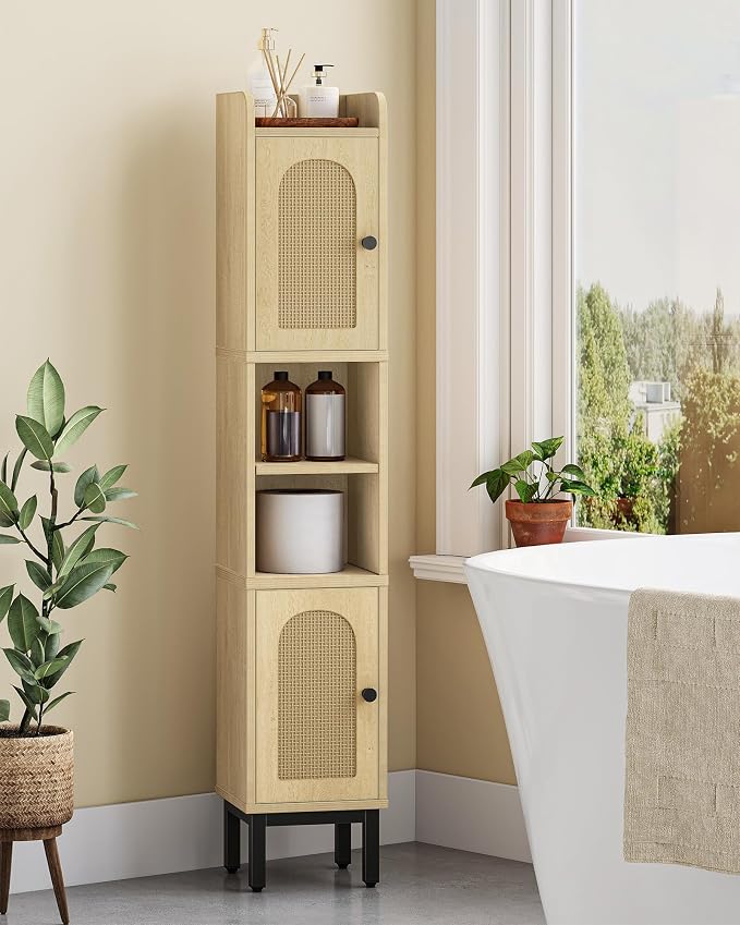 Hzuaneri Slim Bathroom Storage Cabinet, Narrow Bathroom Organizers and Storage with 4 Adjustable Feet, Laundry Room Organization for Small Space, Kitchen, Living Room, 2 Doors Rattan Yellow BC22402Y
