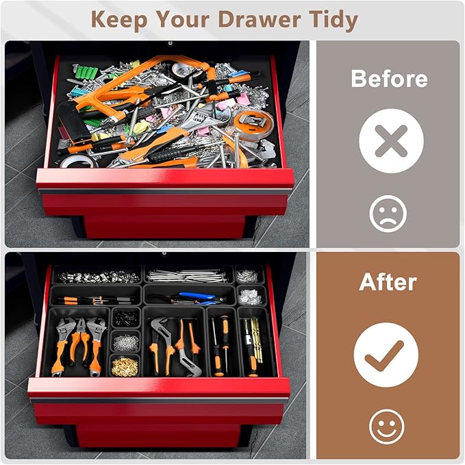 A-LuGei【𝟰𝟲𝗣𝗖𝗦 & 5 Size Tool Box Organizer Tray Divider Set, 【Black】 Bathroom Drawer Organizer Bin, Garage Organization and Storage Toolbox Rolling Tool Chest Cart Cabinet WorkBench Small Part