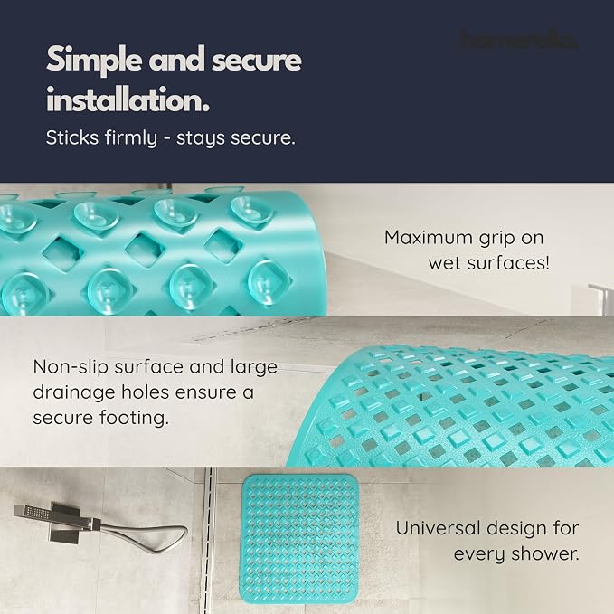 homerella® Shower Mat Non Slip Anti Mold, Non Slip Shower Mats for Inside Shower Stall Anti Slip Mat, Square Shower Floor Mat 21 x 21 in with Suction Cups & Hooks for Quick Drying, Machine Washable