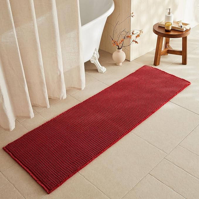 TYUU Waffle Runner Rug Bathroom, Long Boho Bathroom Rugs Non Slip Washable Super Absorbent Quick Dry Farmhouse Bath Decor, 72"x24" Burgundy