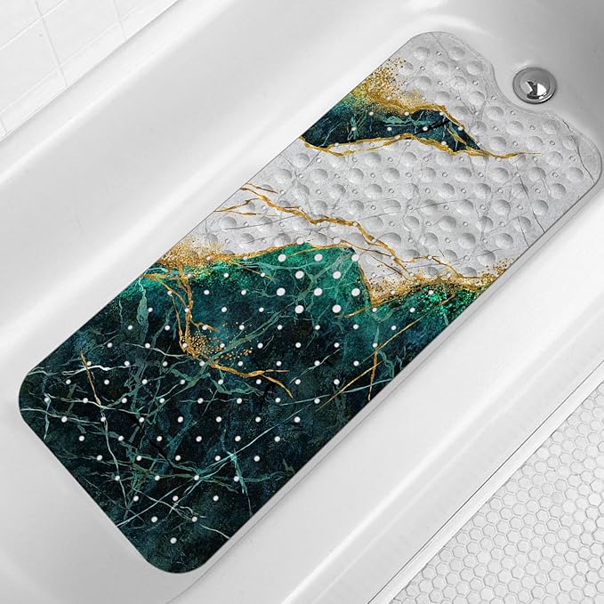 LNOND Marble Bath Tub Mat Non Slip, Extra Long 40 X 16 Inch Anti Slip Mat for Bathtub, Green and Gold Marble Shower Mat with Drain Holes and Suction Cups, Machine Washable