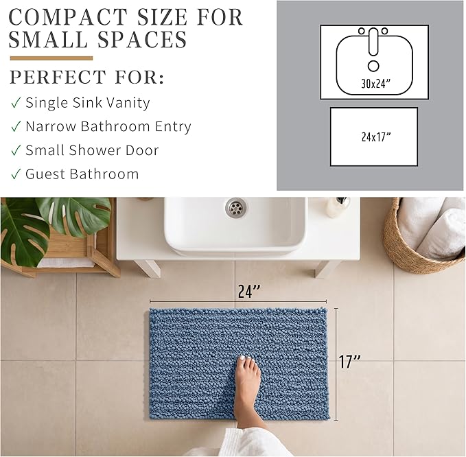 Yimobra Bathroom Rugs Non Slip Washable - Ultra Soft Absorbent Chenille Bath Mat, Quick Dry Shaggy Floor Carpet for Tub Shower, Denim Blue Home Decor Accessories, 24x17 Inch