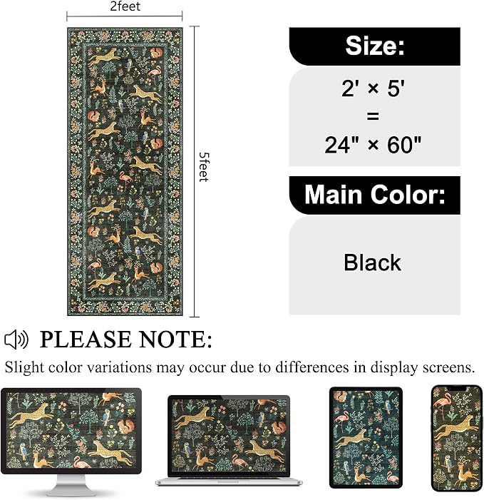 DUKINO 2x5 Rug for Hallway, Washable Kitchen Runner Rug with Non Slip Backing, Soft Low Pile Vintage Animal Runner for Bedroom, Kitchen, Hallway, Entryway, Laundry, Black