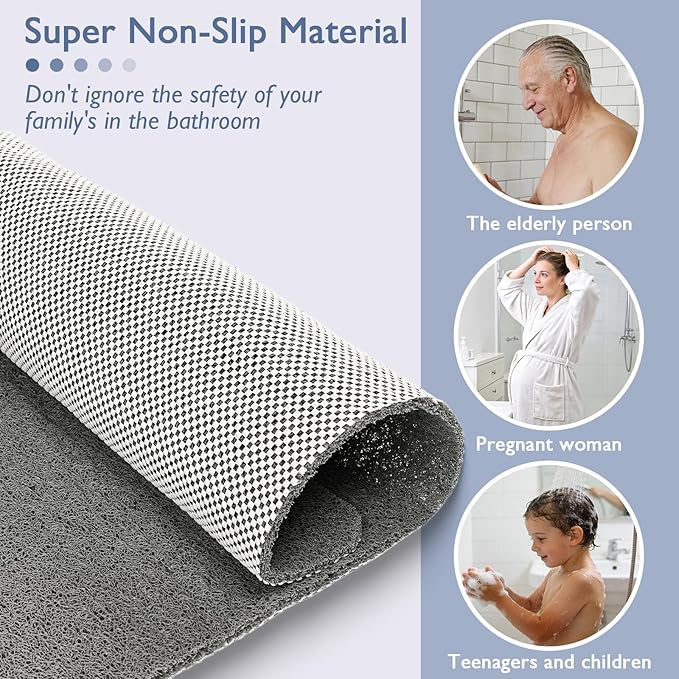 Shower Mat Non Slip 40x16 Inch, Quick Drying PVC Loofah Bath Mats, Easy Clean Soft Bathroom Rugs for Tub Floor, Shower, Grey