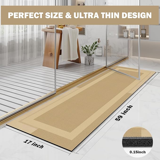 YDKGL Non Slip Long Bathroom Runner Rug Bath Mat, Rubber Backing Ultra Thin Bathroom Rugs Fit Under Door Quick Dry Super Absorbent Washable Shower Mat for Bathtub Sink Floor, Brown 17"x59"