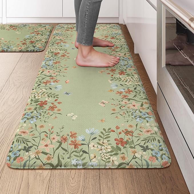 KIMODE Kitchen Mats for Floor Anti Fatigue, 20"x47"+20"x32" Farmhouse Kitchen Rugs Sets of 2, Padded Kitchen Floor Mats, Comfort Standing Mats for Sink Laundry Office Desk Sage Green