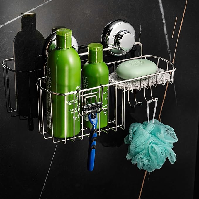 HASKO Suction Cup Shower Caddy Basket for Shampoo, Shower Suction Shelf Organizer, Basket with Soap Holder and Hooks, Stainless Steel Shampoo Holder for Bathroom Storage, Chrome