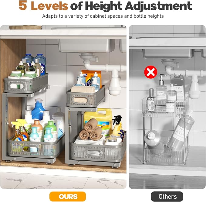 2 Pack 19.3IN-Depth Under Sink Organizer with Smooth Cylindrical Rail,2-Tier Pull Out Multi-Purpose Cabinet Storage for Bathroom&Kitchen,Height Adjustable,Rust-Resistant Coating-Gun Gray