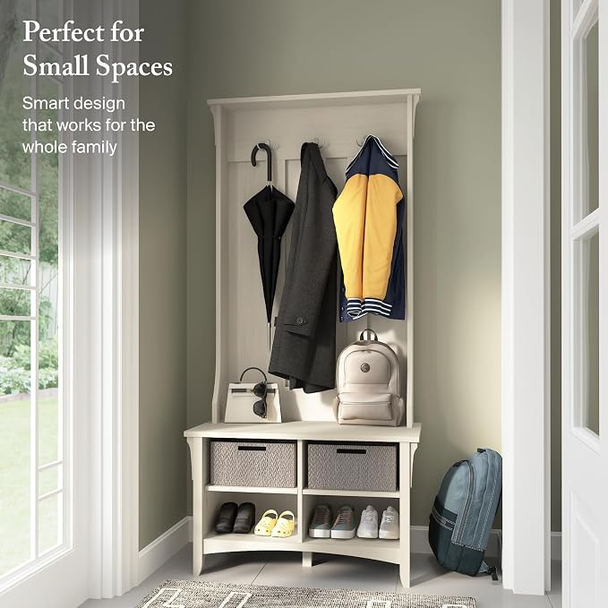 Bush Home Salinas Hall Tree with Shoe Storage Bench in Antique White, Multi-Purpose Home Organizer, Entryway Solution with Seating and Hooks