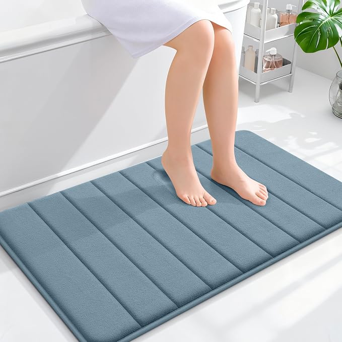 OLANLY Memory Foam Bath Mat 35x24, Super Soft Absorbent Bathroom Rugs, Quick Dry, Machine Washable Shower Floor Rugs, Bathmat Carpet, Bathroom Home Decor Accessories, Airy Blue