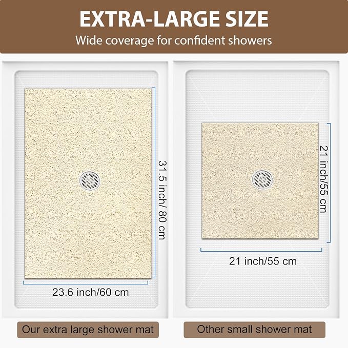Large Non Slip Shower Mat: 32x24 inch Loofah Shower Mat for Inside Shower with Drain Hole in Middle, Soft PVC Anti-Slip Shower Stall Mats for Bathroom,Wet Area, Quick Drying