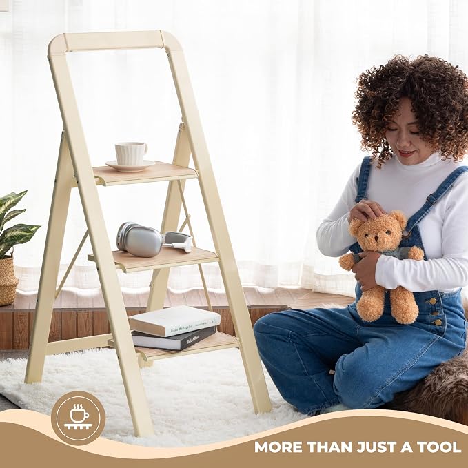 3 Step Ladder, Folding Step Stool with Wide Anti-Slip Pedal, 450lbs Sturdy Steel Ladder, Convenient Handgrip, Lightweight, Steel Step Stool