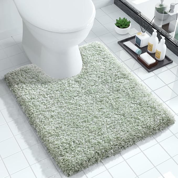 Yimobra Toilet Rugs U Shaped Washable 24X20, Ultra Soft and Water Absorbent Bath Mats, Non Slip Fluffy Shaggy Luxury Microfiber Contour Bath Rugs for Toilet, Dry Quick, Light Green and White
