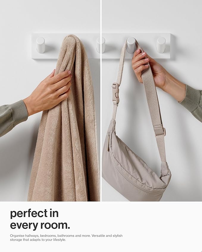 LARHN Wall Mounted Coat Rack, White with 5 Heavy-Duty 1" Diameter Hooks (2-Pack), 16.5" - Wall Hook Rack - Modern Scandinavian Home Decor