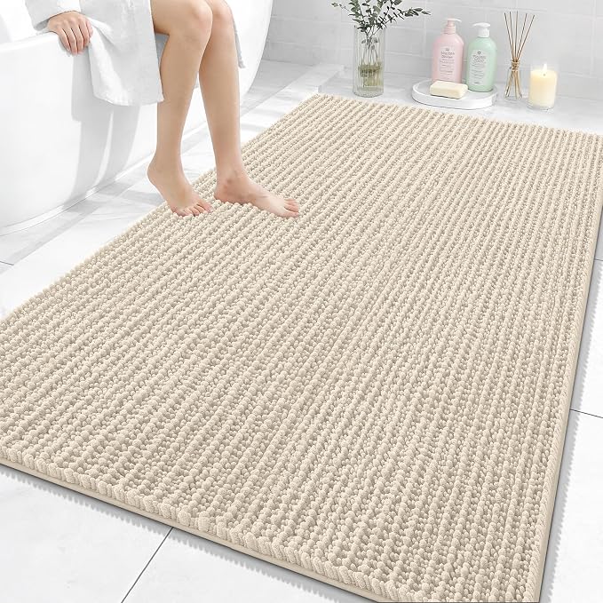 OLANLY Bathroom Rug Mat 59x35, Thick Soft and Absorbent Chenille Bath Mat, Non-Slip Rubber Backing, Machine Washable Quick Dry Bath Rugs for Tub Shower Floor, Home Decor Accessories, Sand