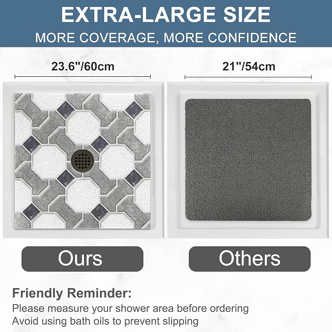 Square Shower Mat Non Slip: 24x24 Inch Extra Large Shower Mats for Inside Shower, Non Slip Shower Mat with Drain Hole in Middle- Anti Slip Shower Floor Mat, Loofah Shower Stall Mats for Elderly