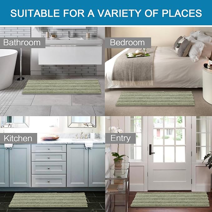 H.VERSAILTEX Bath Rugs for Bathroom Non Slip Bath Mats Thick Chenille Striped Bath Rug Runners 47" x 17" Absorbent Fluffy Soft Shaggy Mats Dry Fast Plush Area Carpet for Bath Room - Eucalyptus Green
