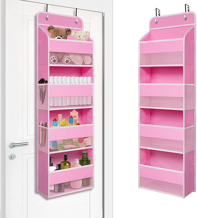 TYMENSH Pink Over Door Organizer with 4 Large Clear Pockets, Hanging Door Storage for Nursery, Bedroom, Bathroom, Closet, Toys, Diapers, Cosmetics, Baby Essentials
