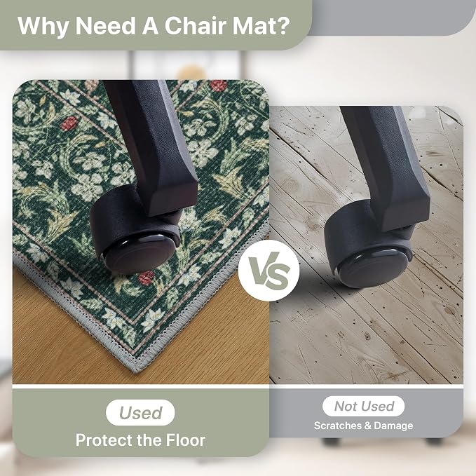 48"x60" Office Chair Mat for Hardwood Tile Floor, Under Desk Carpet Protector for Rolling Computer Chair Mat, Machine Washable Area Rug, Anti-Slip 1/5" Thick Low Pile Thin Vinyl Floor Mat, Moss Green