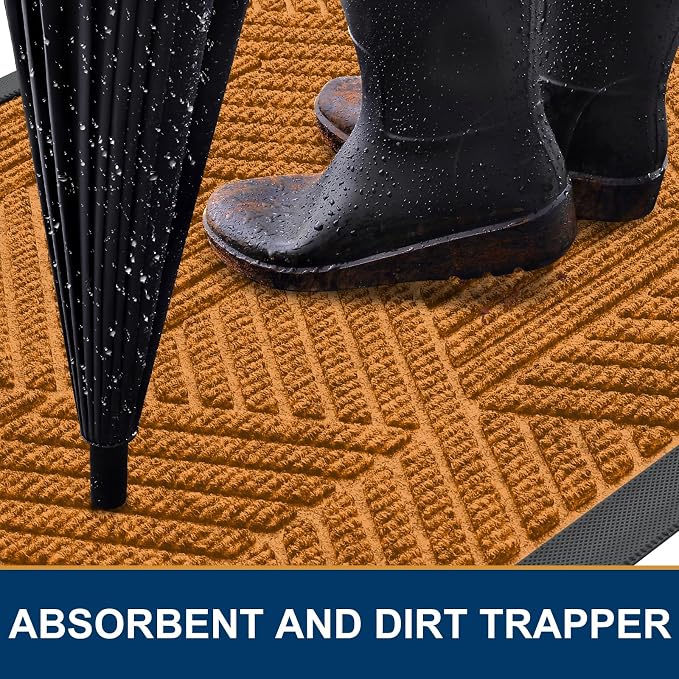 Smiry Front Door Mat Outside Entrance, Heavy Duty Sturdy Natural Rubber Doormat, Trap Dirt and Moisture, Easy Clean Low Profile Mats for Indoor Outdoor Entry, Irregular Triangle (29.5x17, Amber)