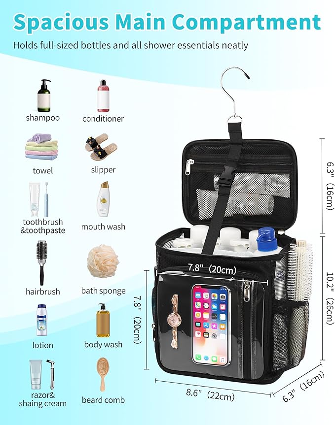 CUBETASTIC Hanging Shower Caddy Portable Bag - Quick Dry Shower Tote for Dorm College Essentials, Water-Resistant Travel Toiletry Bag with Separate Compartment & Multiple Pockets (Black, M)