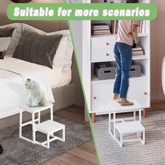 Step Stool for Adults, Holds up to 500Lb,3 in1 Heavy Duty Sturdy 2 tair Wooden StepStool for Kichen/Bathroom/High beds, Metal Frame, Non-Slip Pads