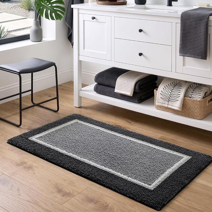 DEXI Bathroom Rugs 24x16, Absorbent Extra Soft Plush Microfiber Bath Mat for Bathroom, Non Slip Washable Bathmat Quick Dry for Shower Floor, Sink, Tub, Laundry Room, Dark Grey
