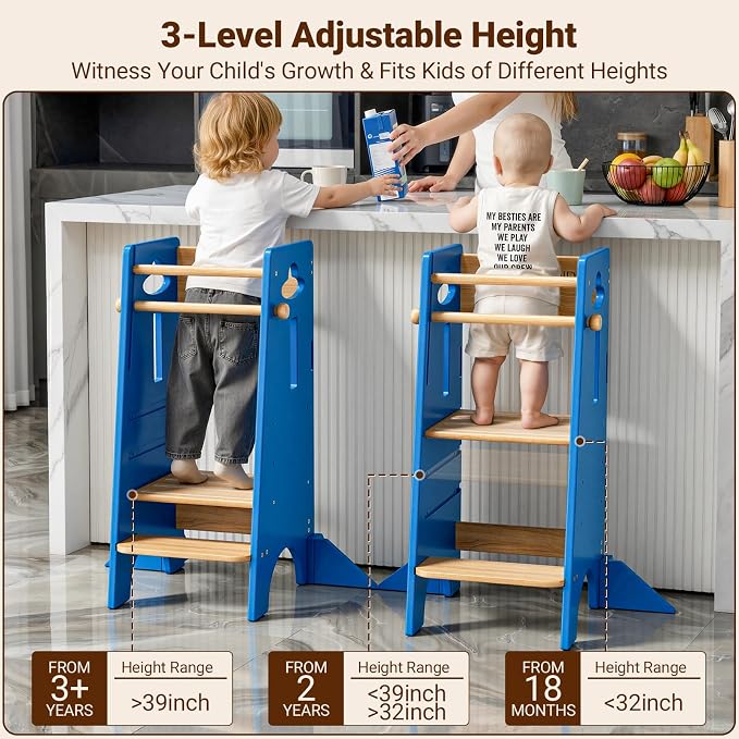 COSYLAND Toddler Standing Tower Adjustable Height(NO Backing Board) - Stable Kids Kitchen Stool Helper with 4 Support Blocks - 3 Levels Adjustable Wooden Toddler Kitchen Stool (Natural & Navy Blue)