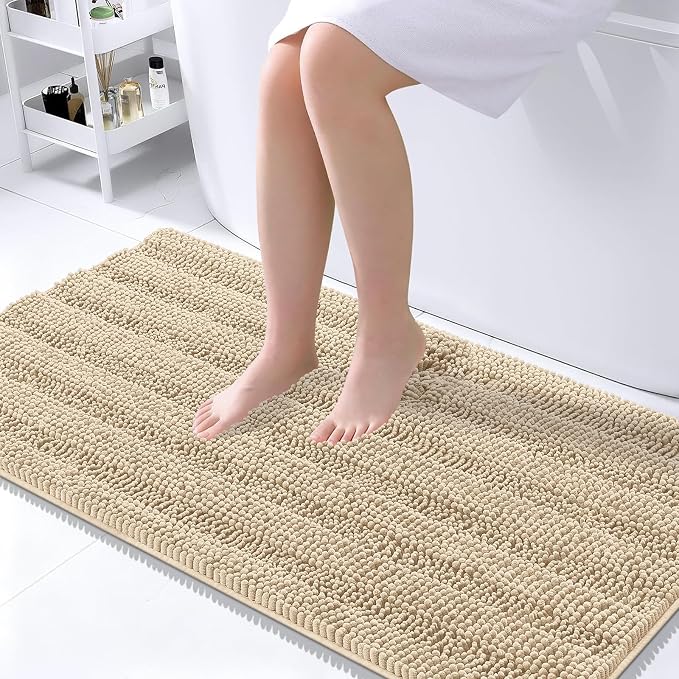 OLANLY Thick Large Bathroom Rugs 45x27, Extra Soft Absorbent Chenille Striped Bath Rugs, Rubber Backing, Machine Wash Dry, Bath Mats for Bathroom Floor, Tub and Shower, Home Decor Accessories, Beige