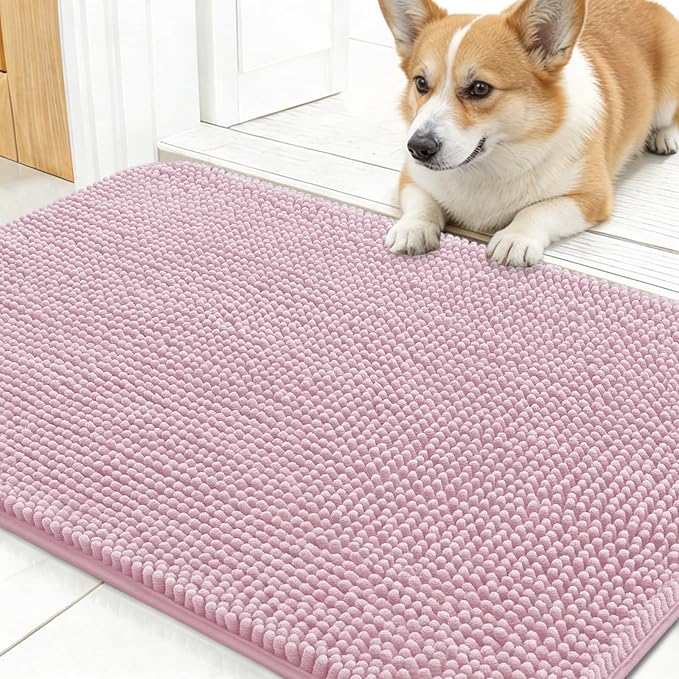 OLANLY Dog Door Mat for Muddy Paws 30x17, Absorbs Moisture and Dirt, Absorbent Non-Slip Washable Doormat, Quick Dry Chenille Mud Mat for Dogs, Entry Indoor Entryway Carpet for Inside Floor, Dusty Rose