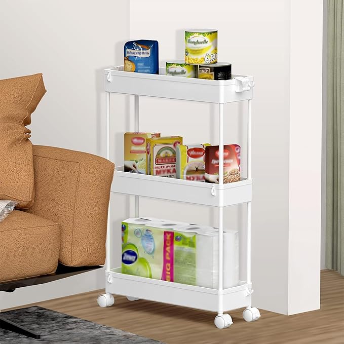 SPACELEAD 2-piece Set Slim Storage Cart 3 Tier,Bathroom Organizer Rolling Utility,Mobile Shelving Unit Slide Out for Office, Kitchen, Laundry Room & Narrow Places