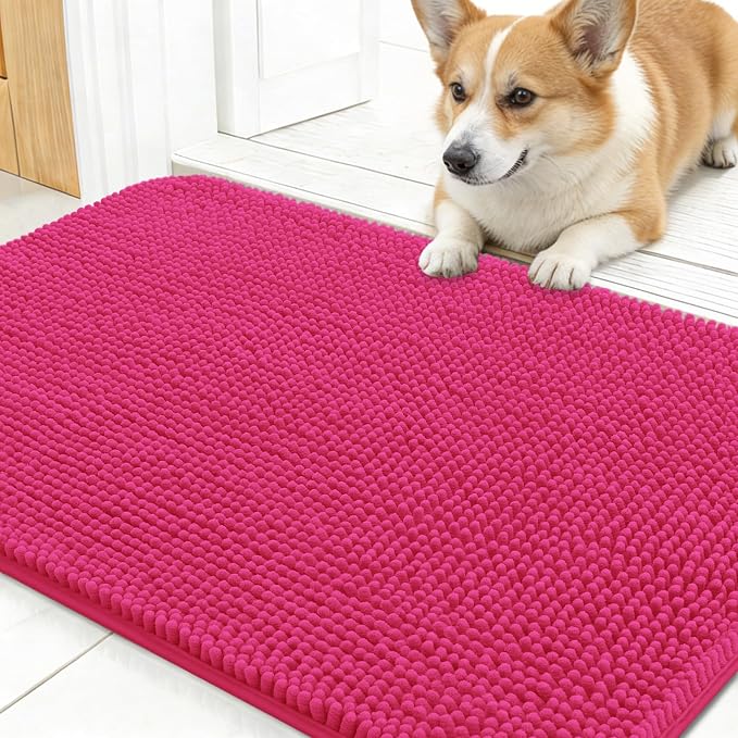 OLANLY Dog Door Mat for Muddy Paws 24x16, Absorbs Moisture and Dirt, Absorbent Non-Slip Washable Doormat, Quick Dry Chenille Mud Mat for Dogs, Entry Indoor Entryway Carpet for Inside Floor, Hot Pink