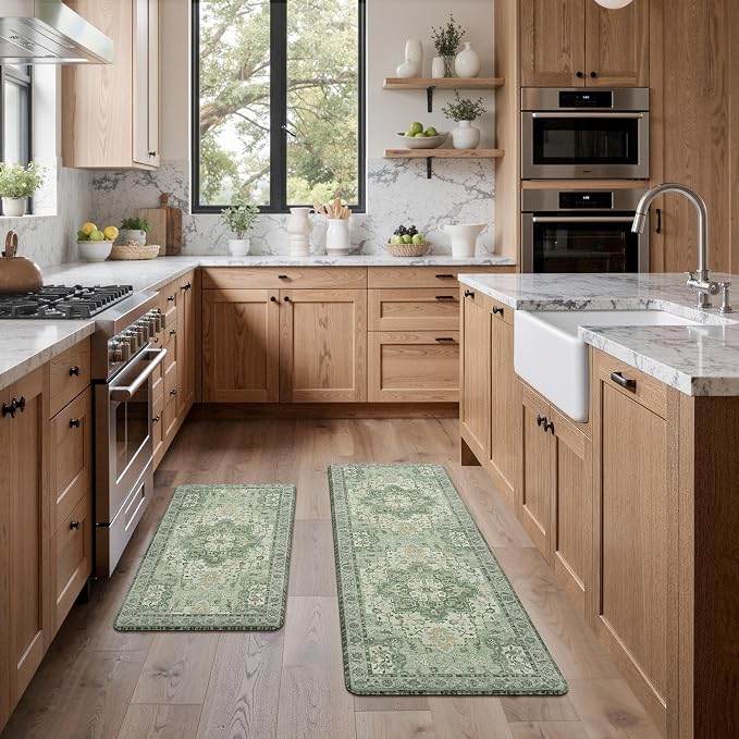 GENIMO Kitchen Mats for Floor 2PCs, Washable Anti Fatigue Mat for Cushioned, 17.3"x47"+17.3"x30", Waterproof Kitchen Rugs, Non Slip Comfort Standing Mat Rug for Home, Sink, Laundry, Light Green