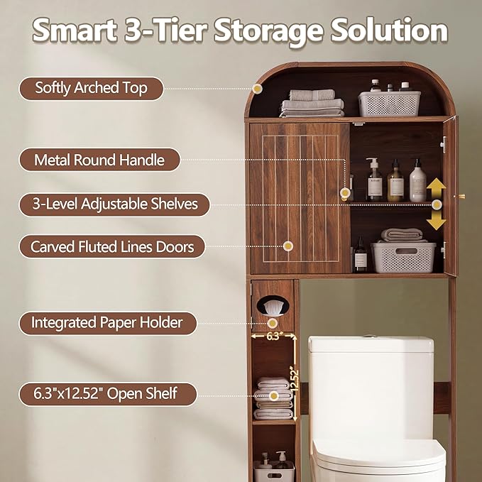 LEVNARY 31" Wide Over the Toilet Storage with Toilet Paper Holder, Arched Bathroom Organizer with Fluted Doors, 4-Tier Space Saving Freestanding Cabinet with Adjustable Shelves (Walnut)