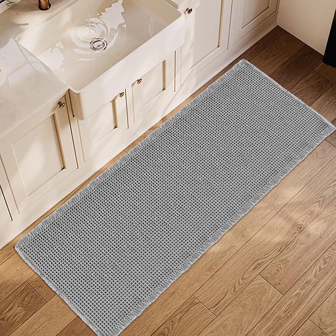 ZALL Grey Waffle Bath Mat,Super Absorbent Non Slip Long Bathroom Runner Rug,Gray 24X60inch,Machine Washable Ultra Soft Floor Mats