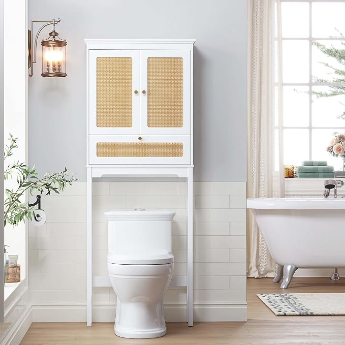 Spirich Over The Toilet Storage Cabinet with Rattan Doors, Over Toilet Bathroom Organizer with Tilt-Out Cube and Adjustable Shelf
