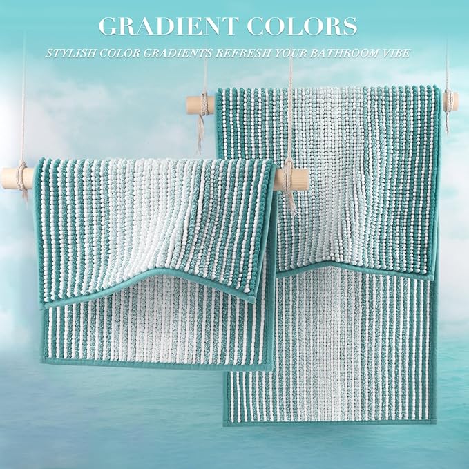 BSICPRO Bathroom Rugs and Mats Sets, 2 Piece Thick Absorbent Chenille Bath Mat Rug Set Non Slip, Soft Shaggy Bath Room Floor Mats for Bathroom, Machine Washable (Aqua Green, 20" x 60" Plus 20" x 32")