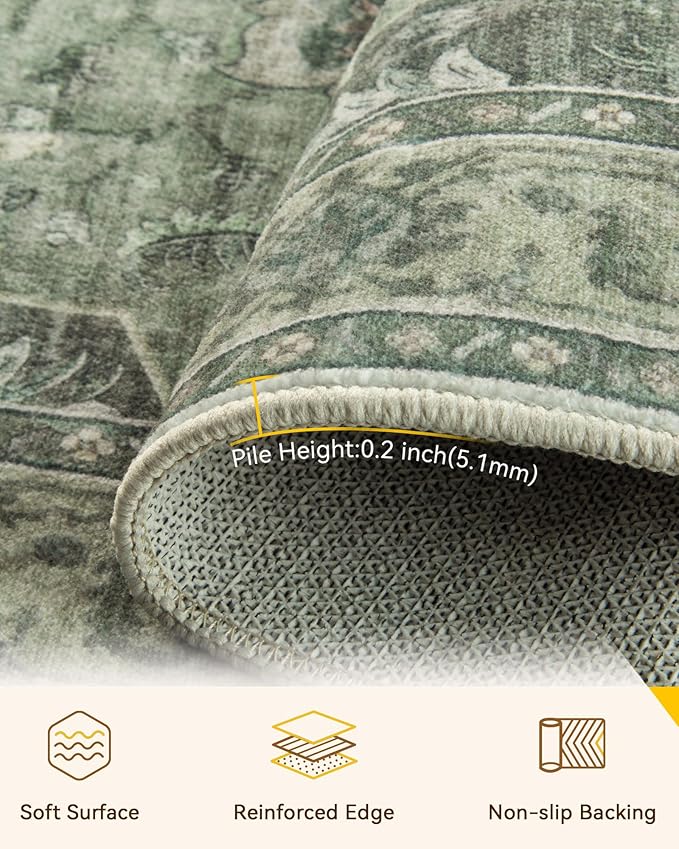 RELEANY Area Rugs Square 7ft Washable Non-Slip, Floral Vintage Distress Medallion Carpet for Living Room Bedroom Dining Room, Dark Green Gray