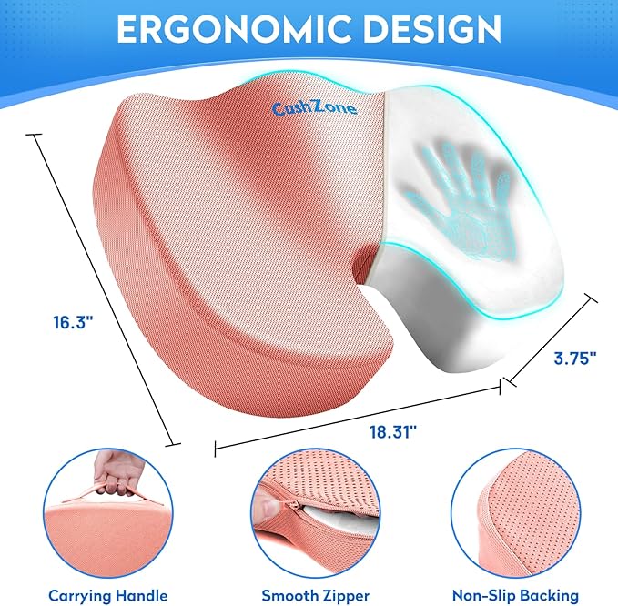 CushZone Seat Cushion, Office Chair Cushions, Car Seat Cushion, Non-Slip Sciatica & Back Coccyx Tailbone Pain Relief Chair Pad, Memory Foam (Large,Pink)