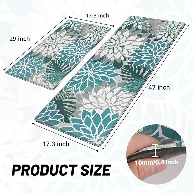 Arenarug Kitchen Mats for Floor 2PCS Cushioned Anti Fatigue Kitchen Mats Waterproof Non Slip Kitchen Mat Rug Set Comfort Foam Standing Mat for Sink, Laundry, Office,17.3" x 28" + 17.3" x 47", Teal