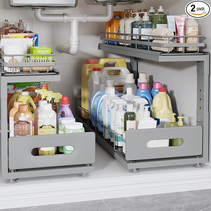 Under Sink Organizer Upgrade To Professional Rails,2-Tier Dual Pull Out Cabinet Storage,Height Adjustable Slide Out Drawers For Bathroom Kitchen,2 Pack-21"Dx12.8"-16.9"H,Gun Gray