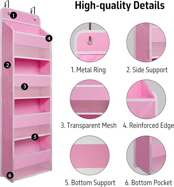 Giraffe Creation Compact Pink Over Door Organizer with 4 Large Clear Pockets, Compact Hanging Door Storage for Nursery, Bedroom, Bathroom, Closet, Baby Essentials